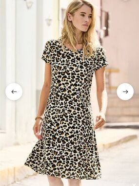 Peruvian Connection Balam Dress Pima Cotton in Creme Brulee Leopard Print Large